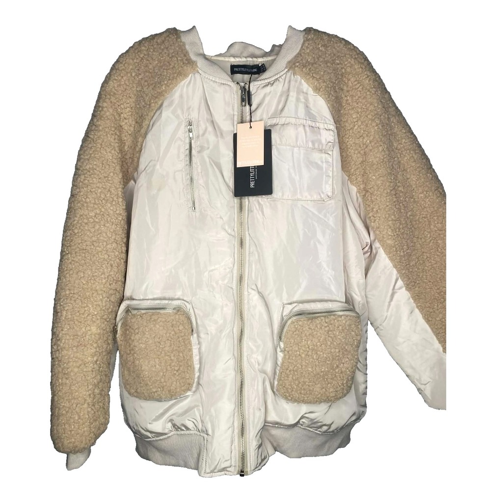 Pretty Little Thing Women's Coat Jacket Bomber Front Borg Puffer Size‎ 10 beige